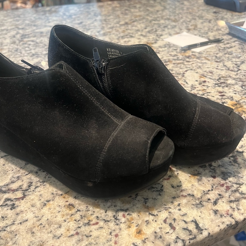 Chocolat Blu Weavers Black Suede Peep-Toe Wedges